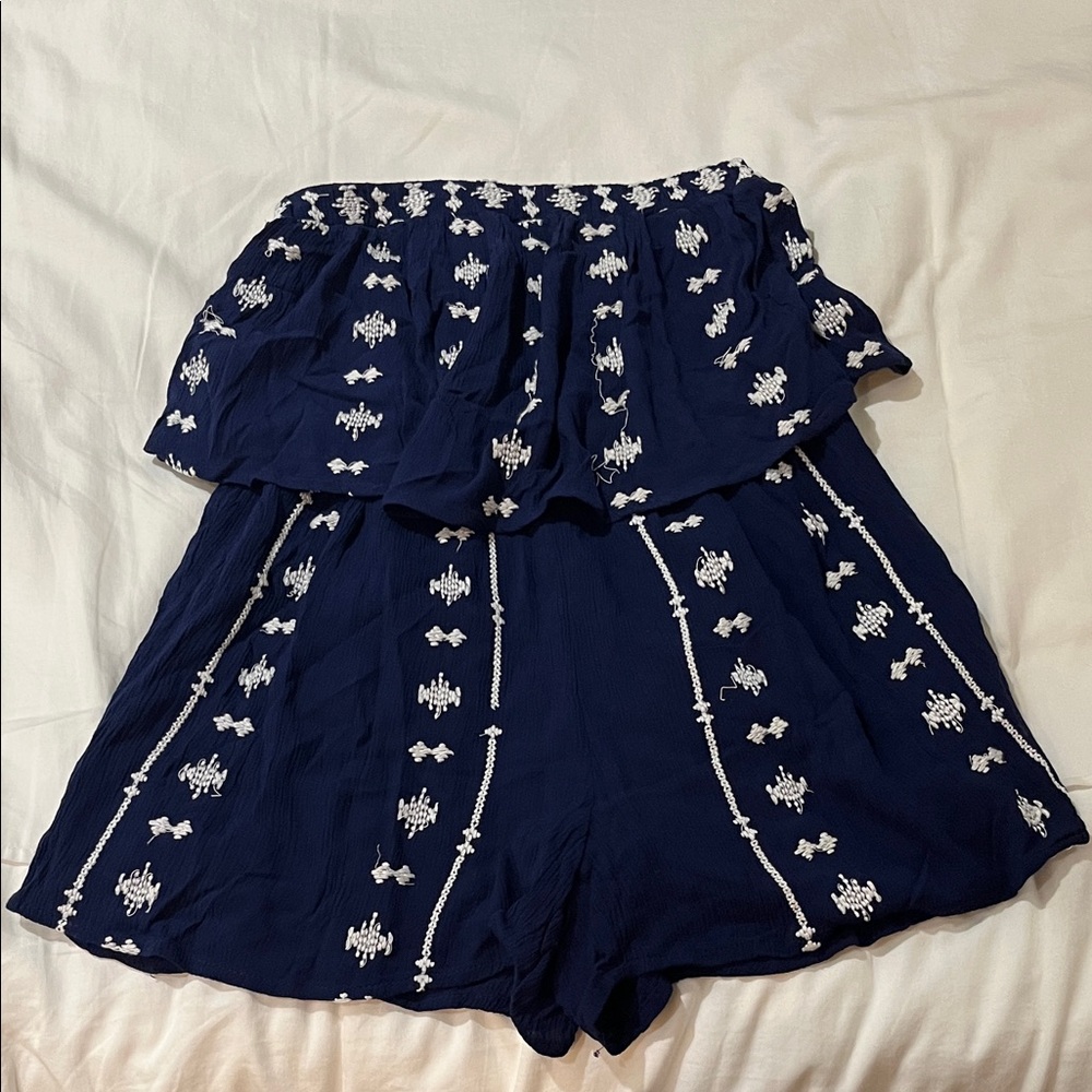 Japna Blue and White Strapless Romper with Elegant Overlay